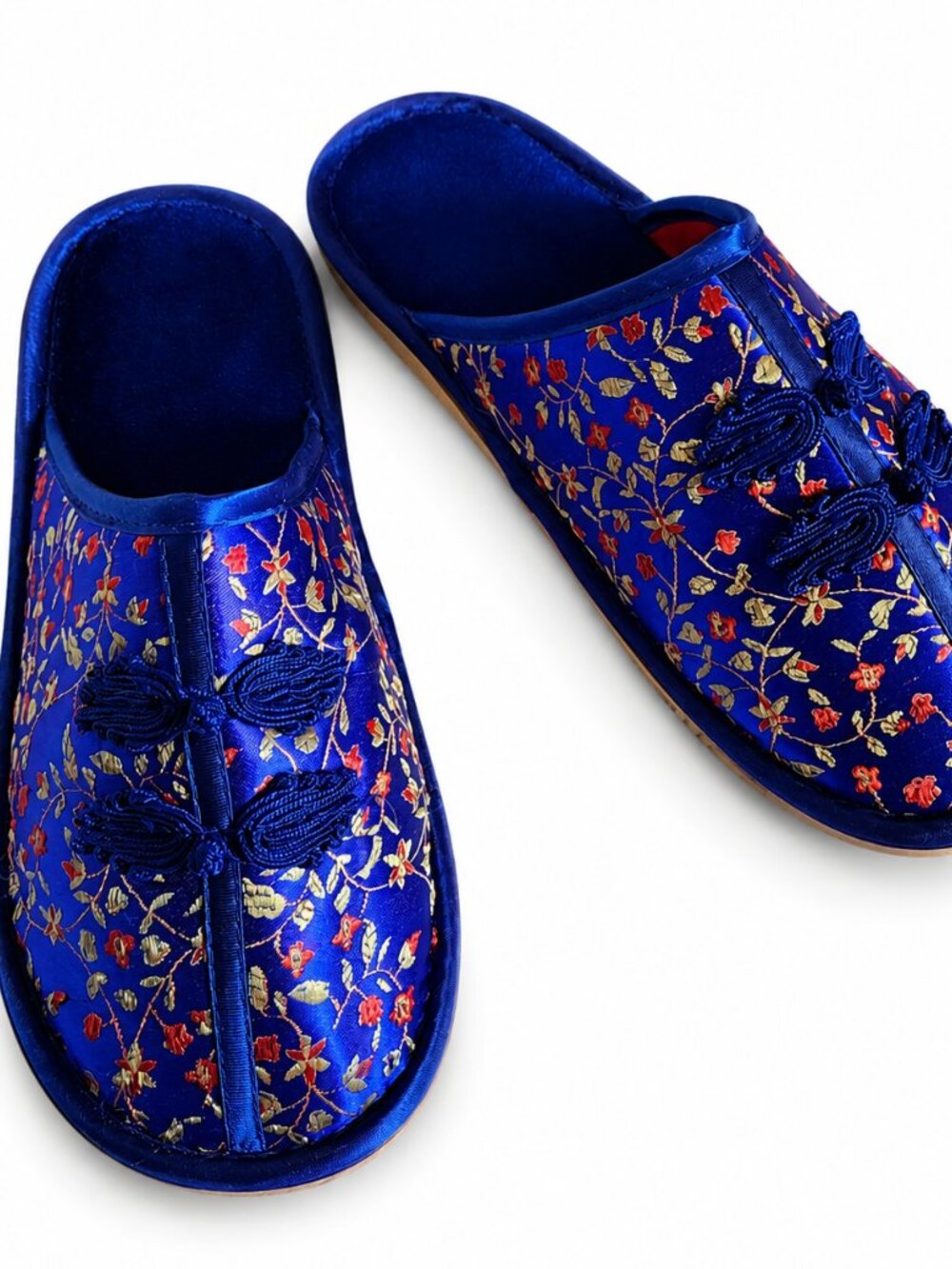 Blue Chinese Embroidered Satin House Slippers Floral Mule Unisex